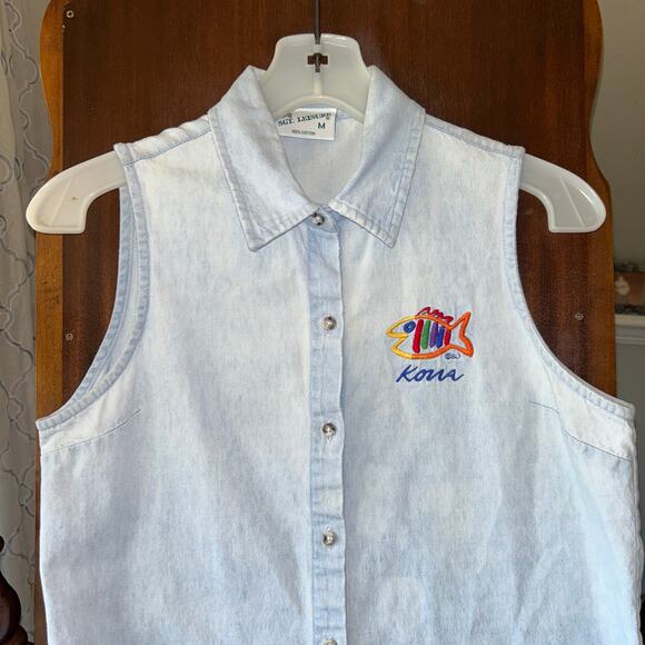 Vintage SGT. Leisure Embroidered Kona Sleeveless Denim Shirt Top USA medium - Picture 2 of 9